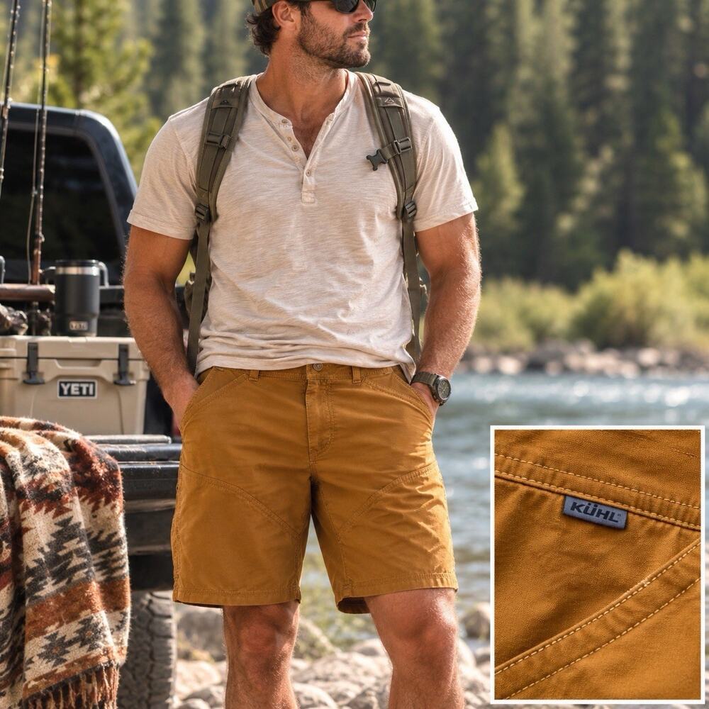 KUHL Renegade Shorts Mens 32 X 8 Buckskin Brown Stretch Hiking Cargo Outdoor